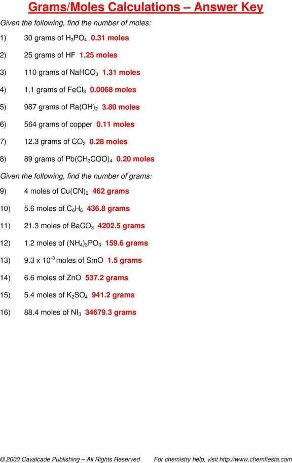 Calculating Molar Mass Worksheet Answer Key