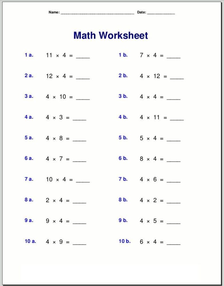 Printable 4 Times Table Test