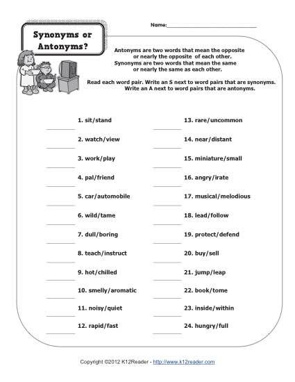 Synonyms And Antonyms Worksheets 5th Grade