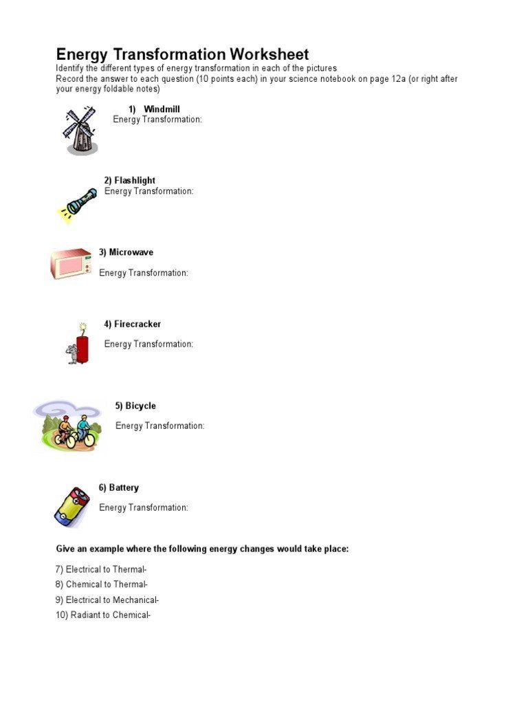 Energy Transformation Worksheet Pdf Answers