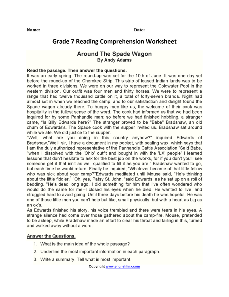 7th Grade 8th Grade Reading Comprehension Worksheets With Answers