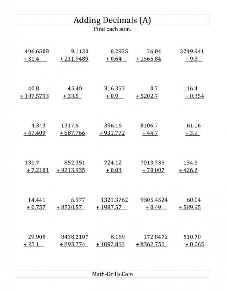 Adding Decimals Worksheet 5th Grade Pdf