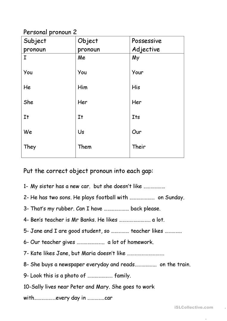 Subject And Object Pronouns Worksheet With Answers