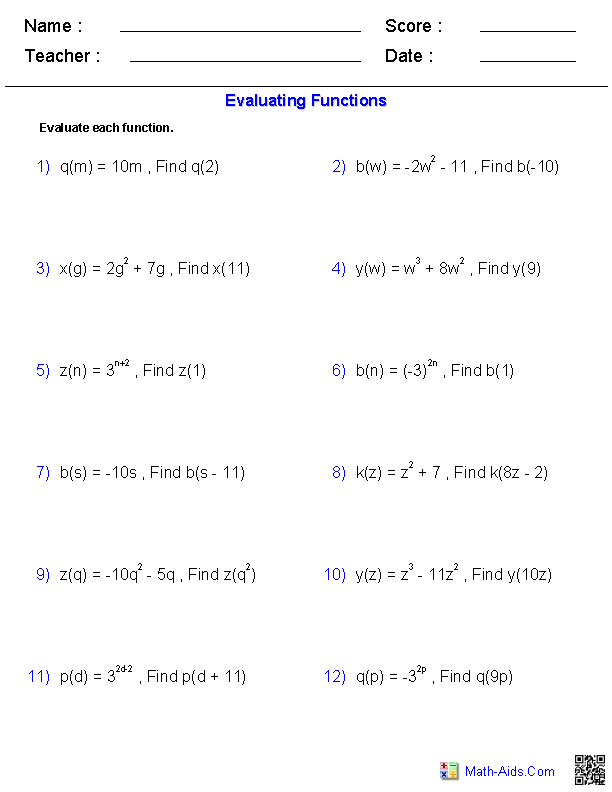 Evaluating Functions Worksheet Algebra 2 Answer Key With Work