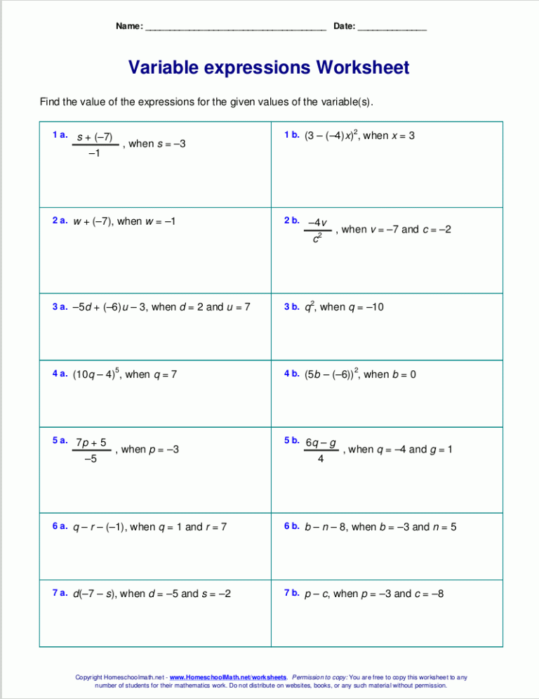 5th Grade Algebraic Expressions Worksheets With Answers