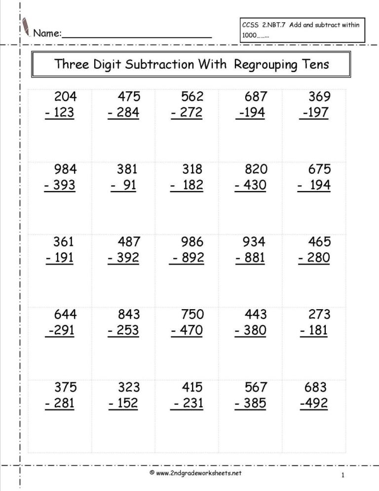 3 Digit Subtraction With Regrouping Worksheets Pdf