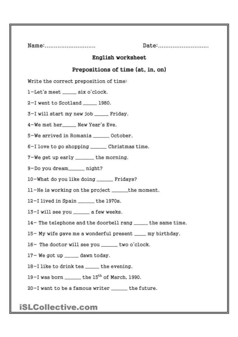 English Grammar Worksheets Prepositions Grade 2