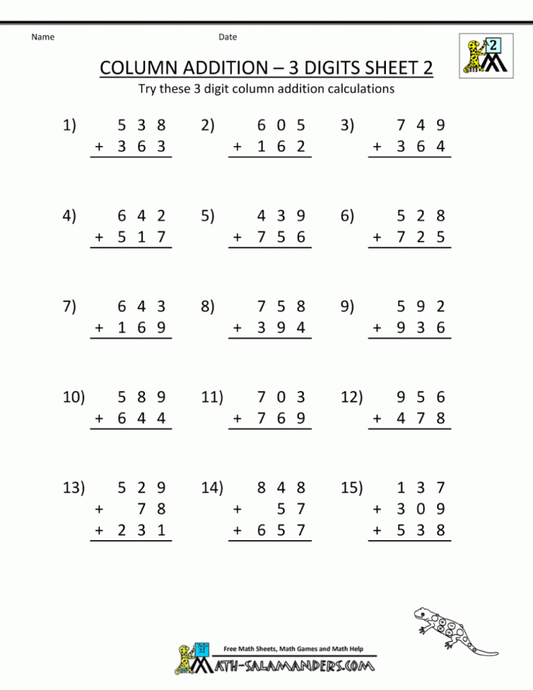 3 Digit Addition Worksheets Free