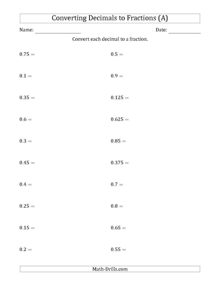 Printable Fractions To Decimals Worksheet Pdf