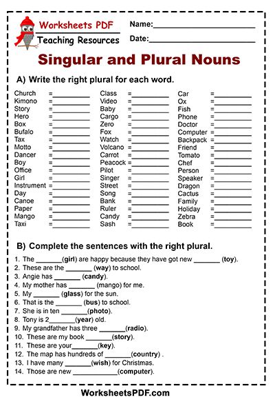 Singular And Plural Nouns Worksheets Pdf Grade 4