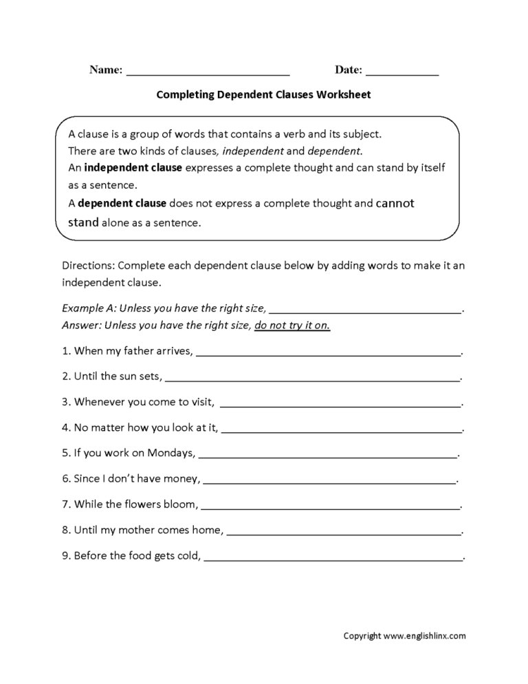 Completing Complex Sentences Worksheet Answers