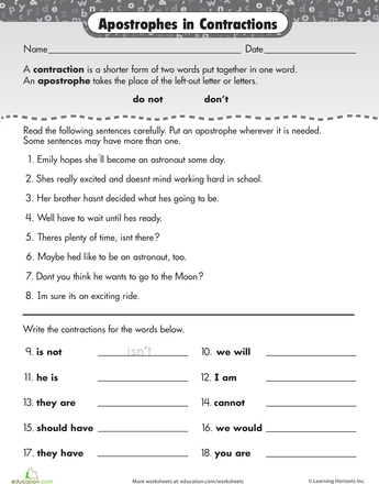 5th Grade Contractions Worksheet Answers