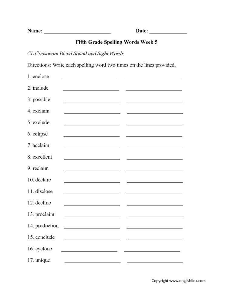 5th Grade Printable Spelling Worksheets