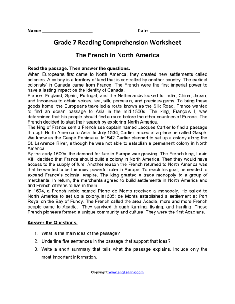 Reading Comprehension Year 7 English Worksheets With Answers