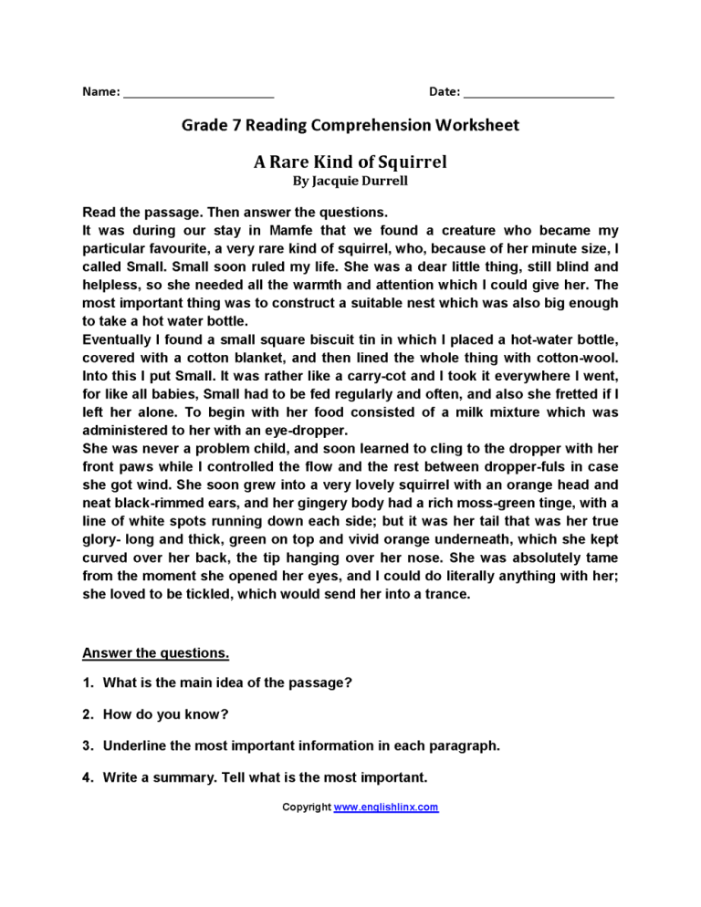 Beginner 7th Grade Grade 7 Reading Comprehension Worksheets Pdf