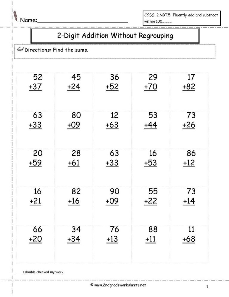 2 Digit Addition Worksheets Without Regrouping