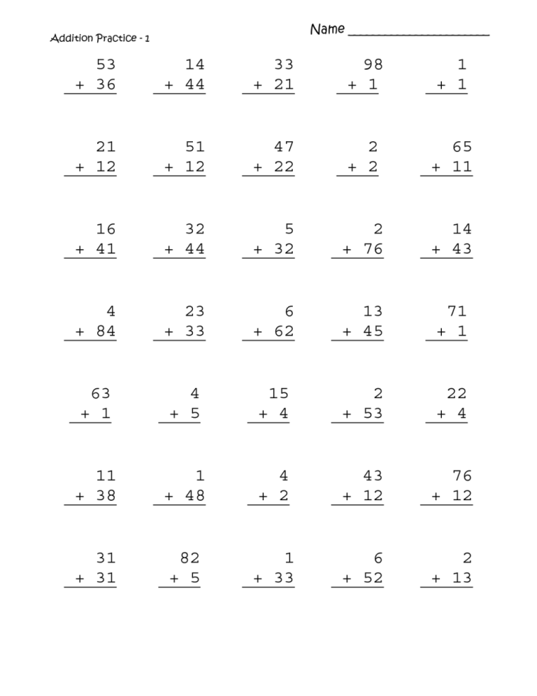 Printable Addition Worksheet For Class 1 Maths