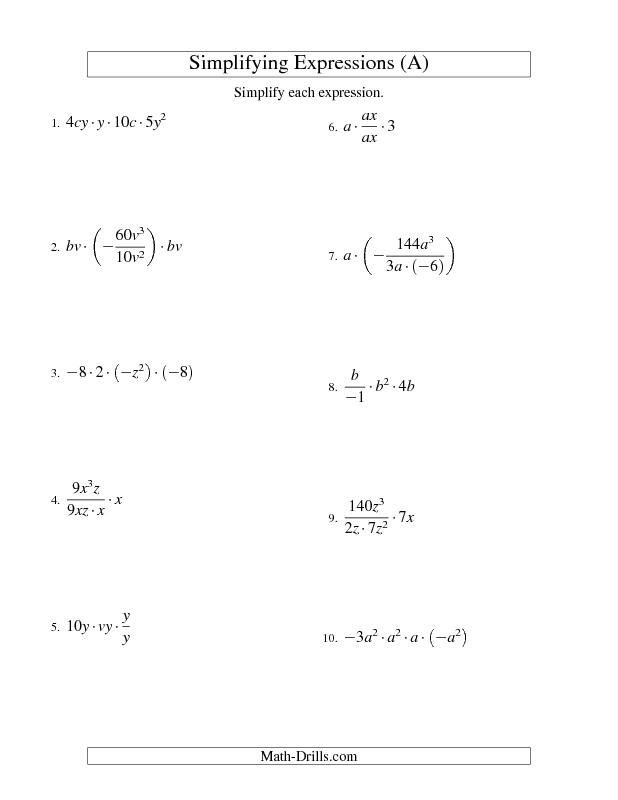 Simplifying Variable Expressions Worksheet Pdf