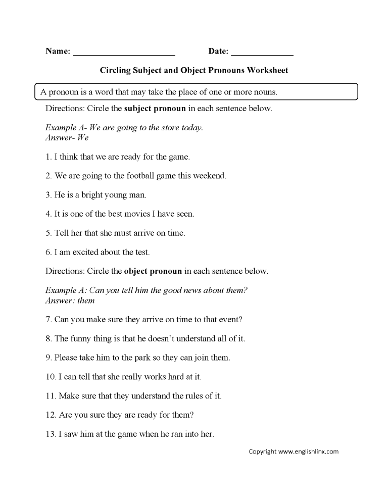 Subject And Object Pronouns Worksheet Answers