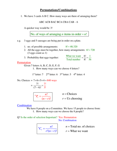 Simple Permutations And Combinations Worksheet Answers