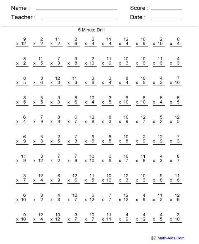 Free Multiplication Timed Test Printable 0-10