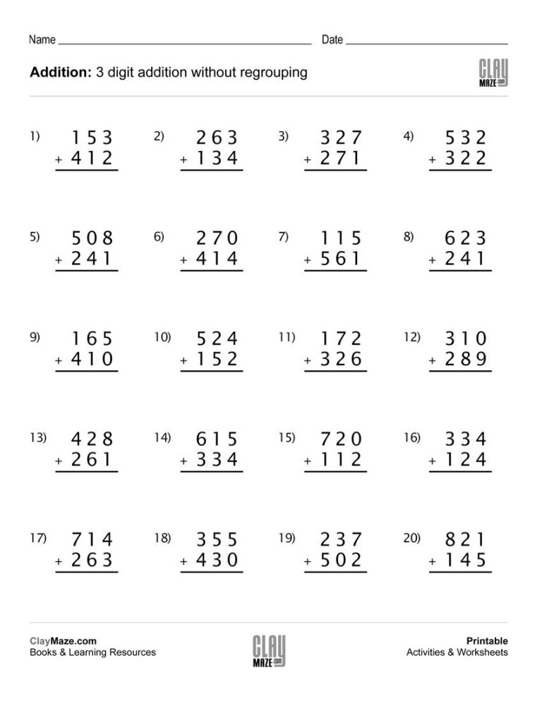 Math Worksheets 3 Digit Addition No Regrouping