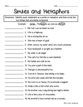 Simile And Metaphor Worksheet 1 Answer Key