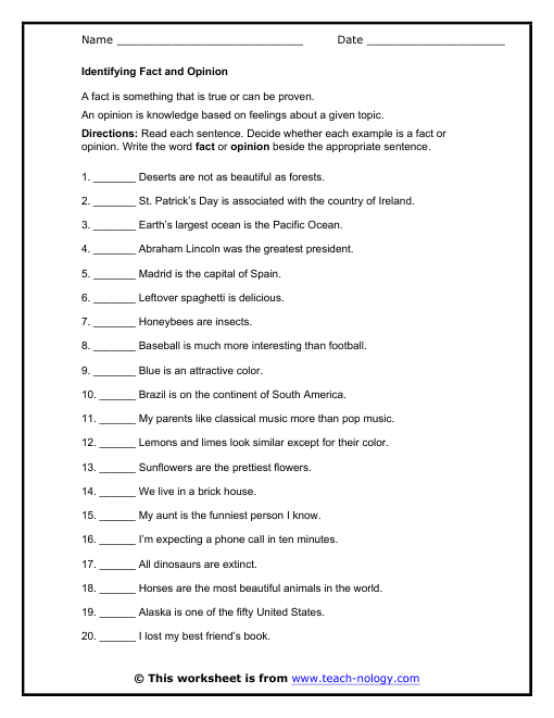 Fact And Opinion Worksheets Pdf Grade 7