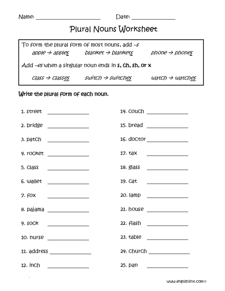 Third Grade Singular And Plural Nouns Worksheets With Answer Key