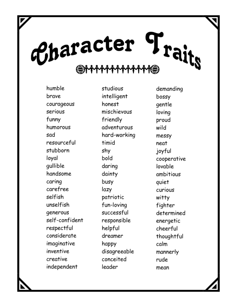 Character Traits Worksheet 4th Grade Pdf