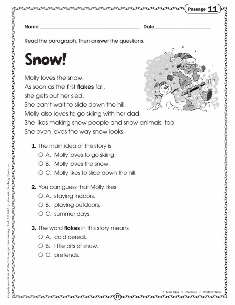 Multiple Choice Comprehension Grade 3 English Worksheets