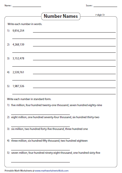 Printable 5th Grade Writing Numbers In Words Worksheets