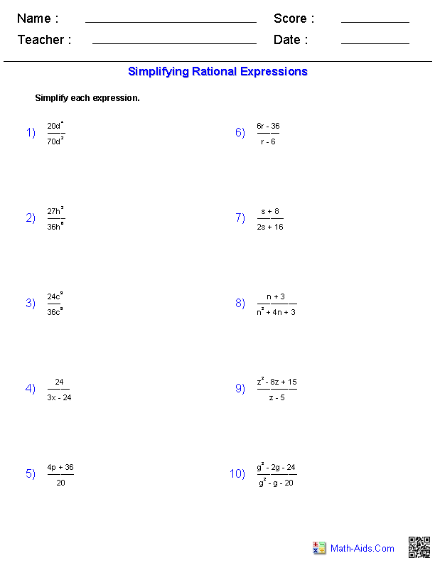 Simplifying Algebraic Expressions Worksheets With Answers