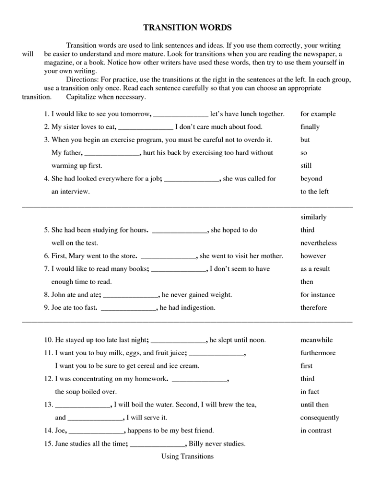 Fourth Grade 4th Grade Transition Words Worksheet