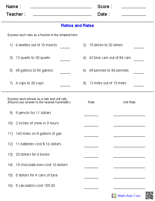 Ratios And Proportions Worksheet 7th Grade