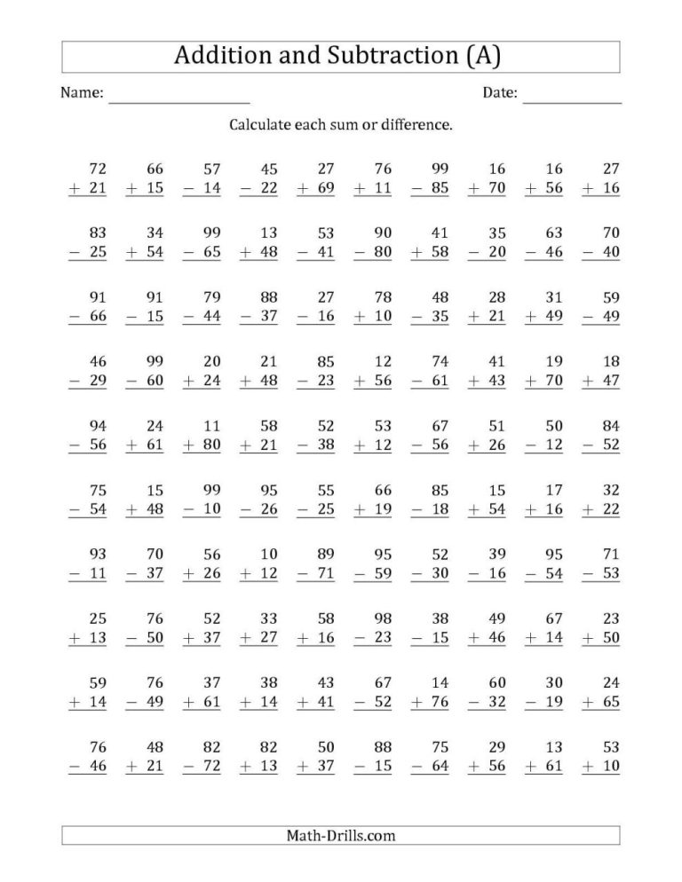 Mixed Double Digit Addition And Subtraction With Regrouping Worksheets