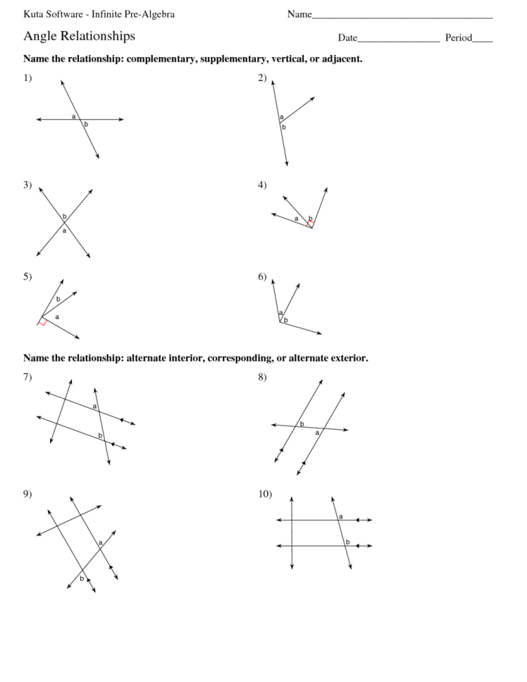 Geometry Angle Relationships Worksheet Answer Key Kuta Software