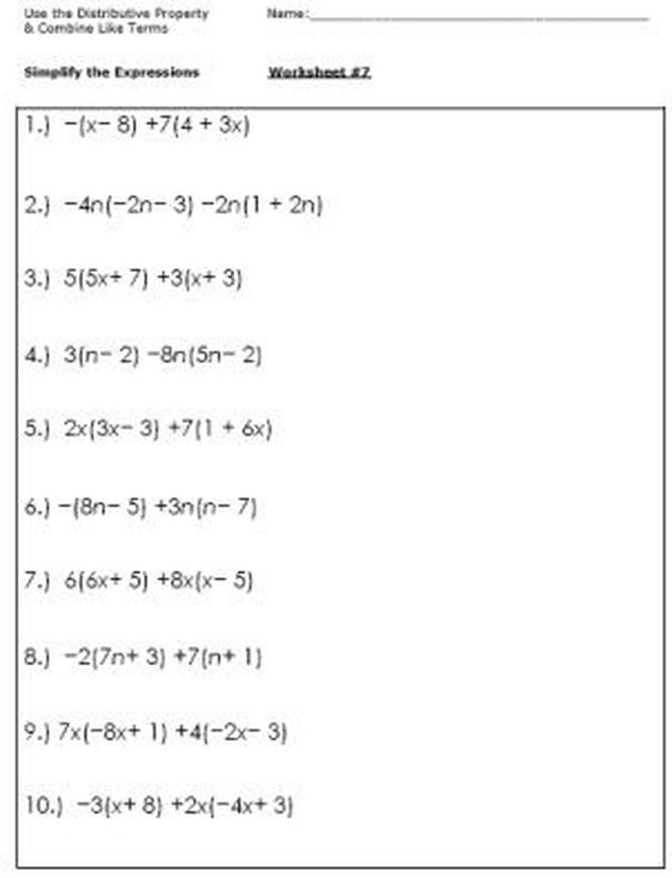 Grade 9 Simplifying Algebraic Expressions Worksheets