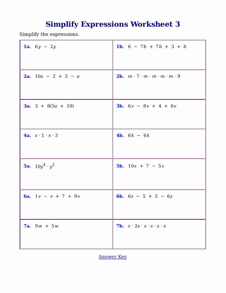 7th Grade Simplifying Expressions Worksheet