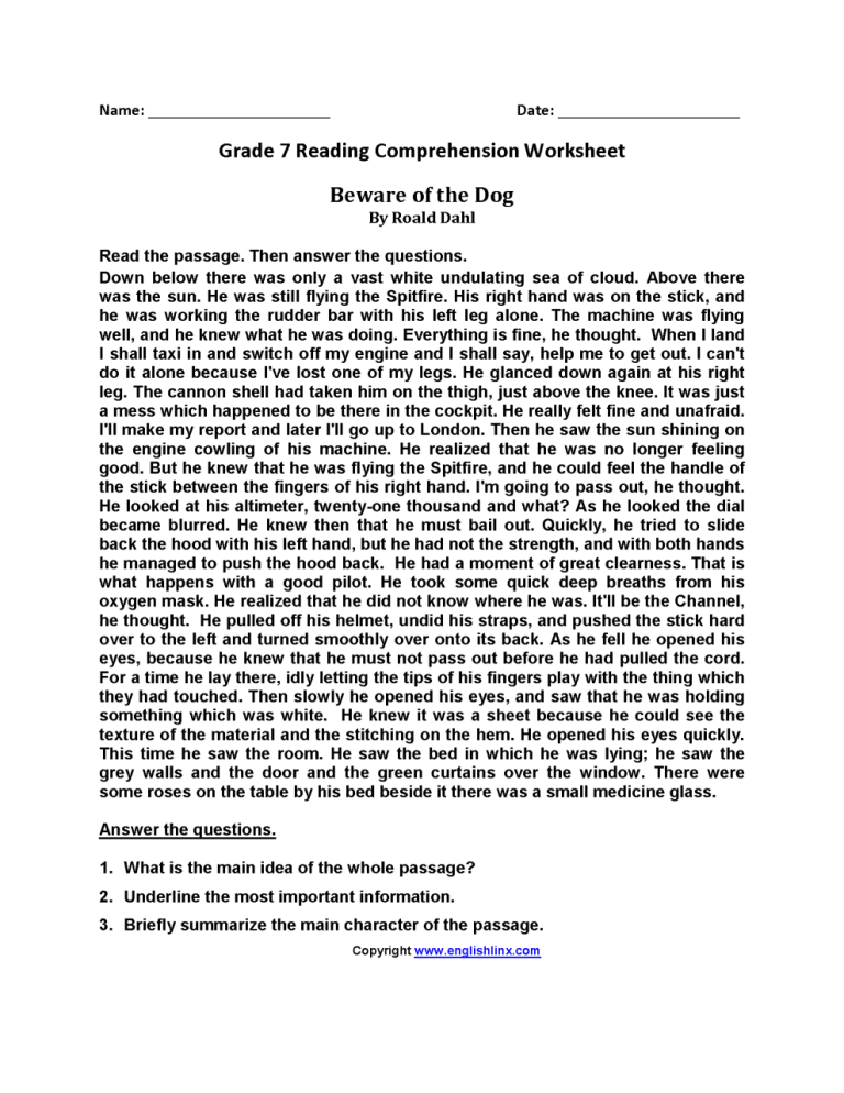 Free Printable 7th Grade Reading Worksheets