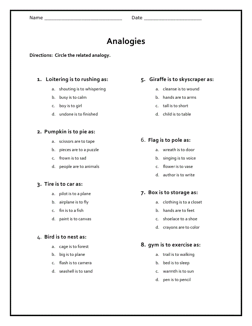 Analogies Worksheet With Answer Key Pdf