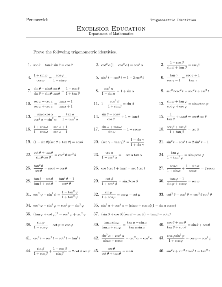 Proving Trigonometric Identities Worksheet Pdf