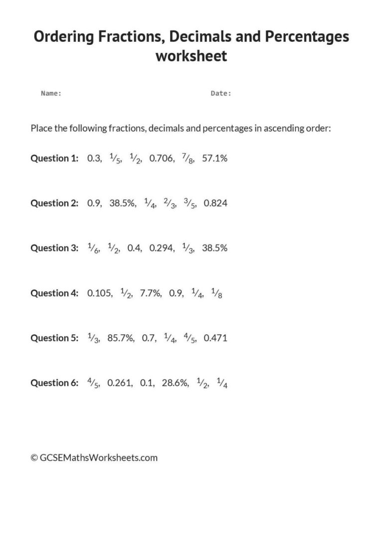 6th Grade Ordering Fractions Worksheet