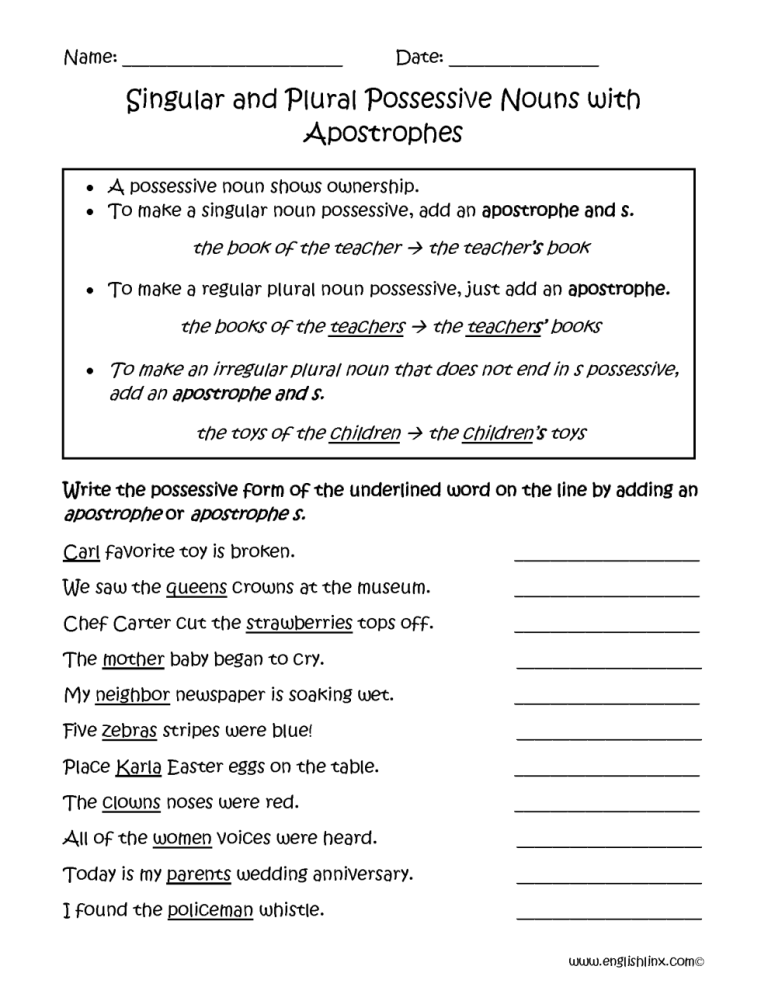 6th Grade Possessive Nouns Worksheets With Answers Pdf