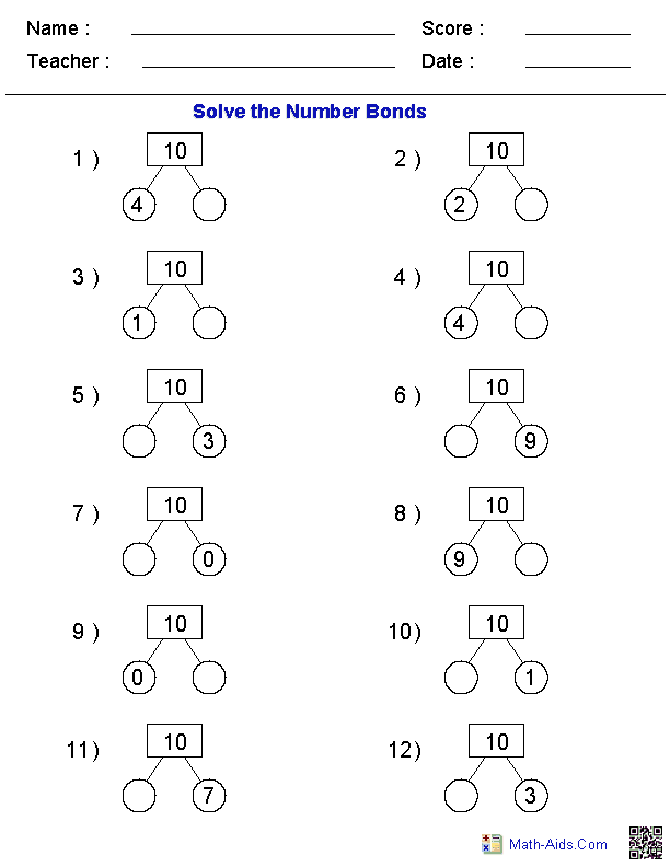 Grade 1 Kindergarten Number Bonds Worksheets