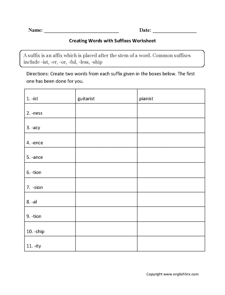 5th Grade Suffixes Worksheets For Grade 5