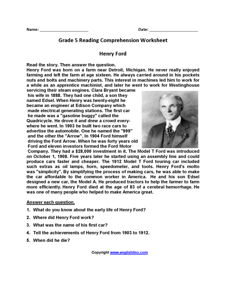 English Comprehension Worksheets For Grade 6 Pdf