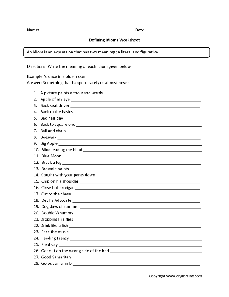 Idioms Worksheets 4th Grade Pdf