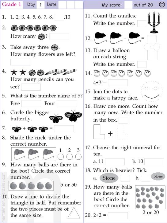 First Grade Maths Worksheet For Class 1 Pdf