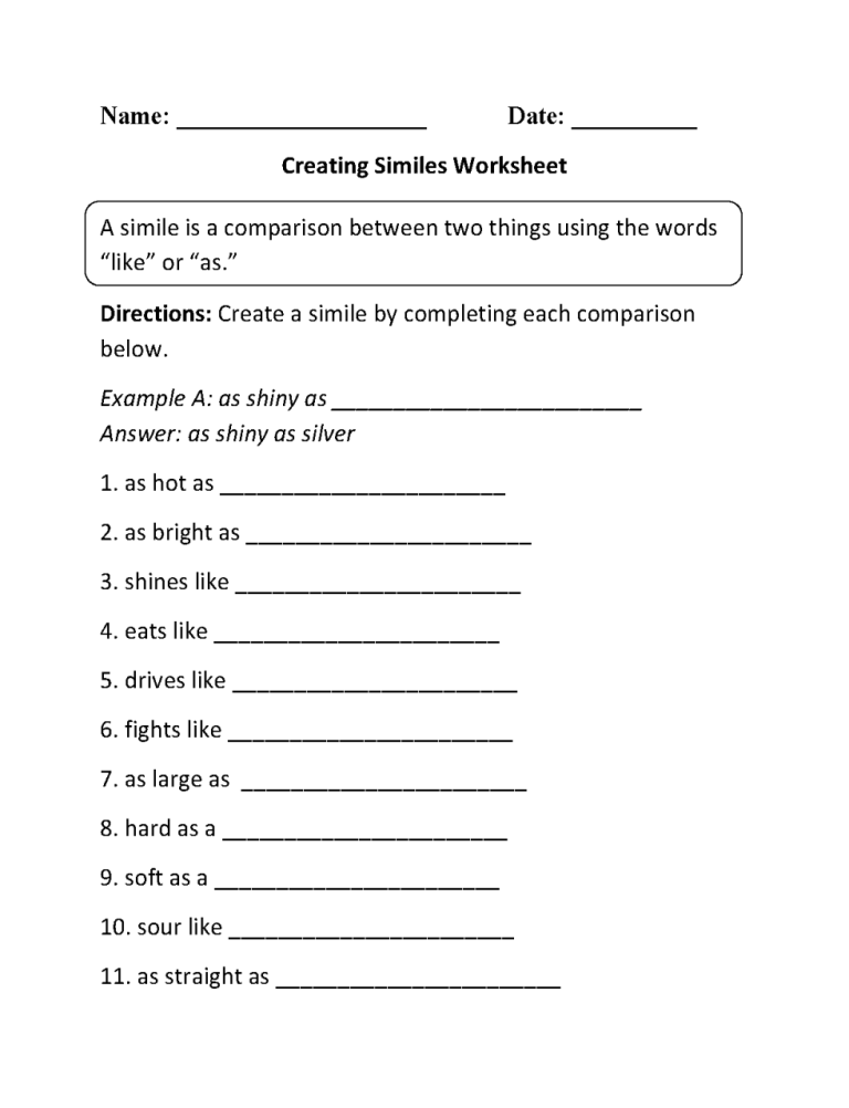 6th Grade Pdf Simile And Metaphor Worksheet